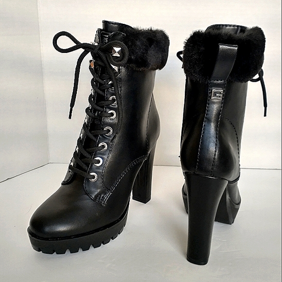 New w/Box Guess Tetian Faux Fur Trimmed Lug Sole Dress Booties Size 6 - Picture 3 of 10